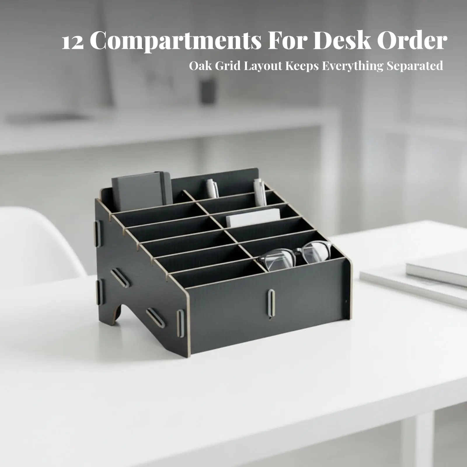 12 Slot Wooden Organizer for Office Desk with Open Top Design for Pens Markers and Small Items