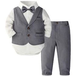 4Piece Sets Spring Newborn Boy Clothes Fashion Gentleman Suit Cotton Long Sleeve Jumpsuits+Vest+Pants+Tie Baby Clothing BC170