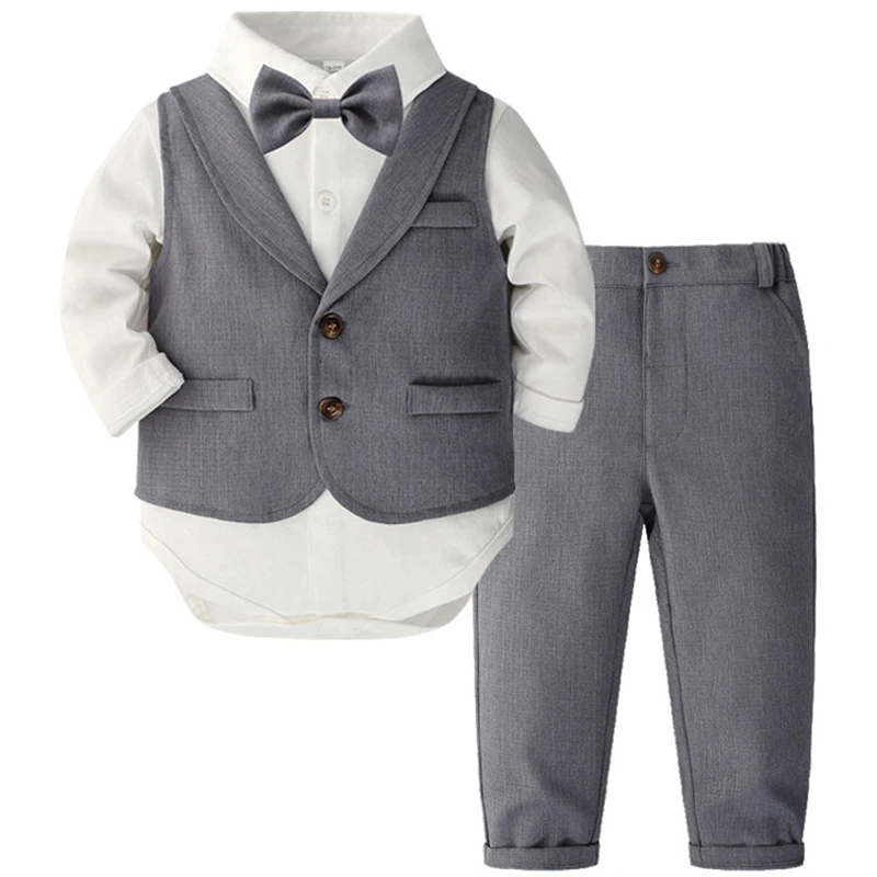 4Piece Sets Spring Newborn Boy Clothes Fashion Gentleman Suit Cotton Long Sleeve Jumpsuits+Vest+Pants+Tie Baby Clothing BC170