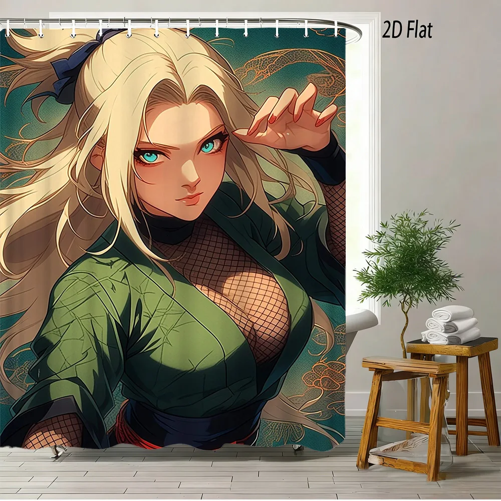 2D Flat Anime Ninja Girl Green Outfit Shower Curtain Waterproof Bathroom Decor