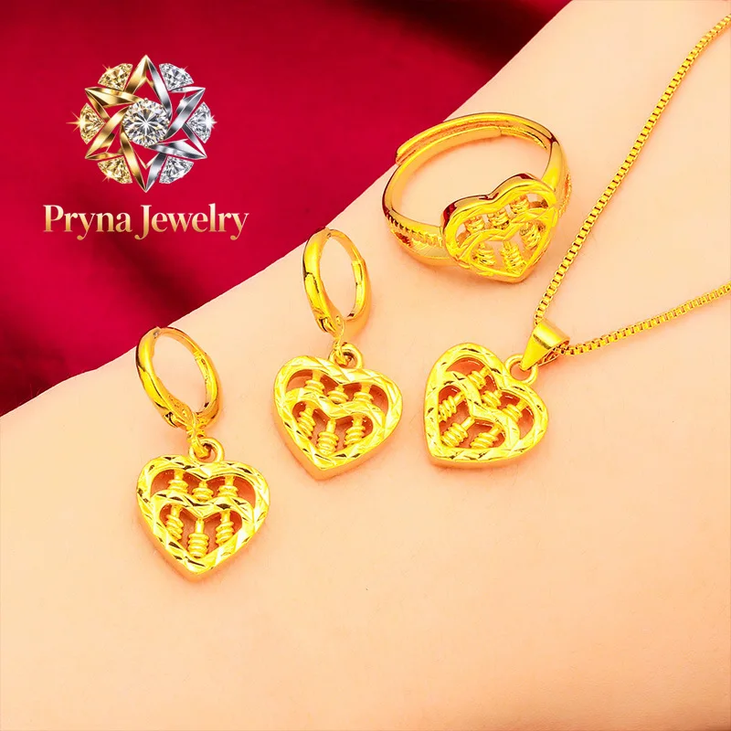 Pryna Jewelry  Love Abacus Ring Necklace Earring Set Women's 24K Gold, AU999 Glossy Gold Abacus Beads String into Love Outline