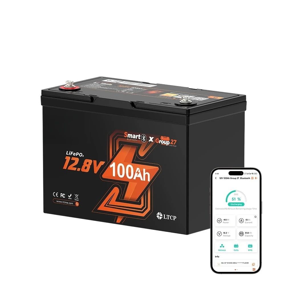 12V 100Ah LiFePO4 Battery, Group 27 Lithium Battery for RV, Marine | Bluetooth, 100A BMS, Max. 15000 Cycles,, Customized