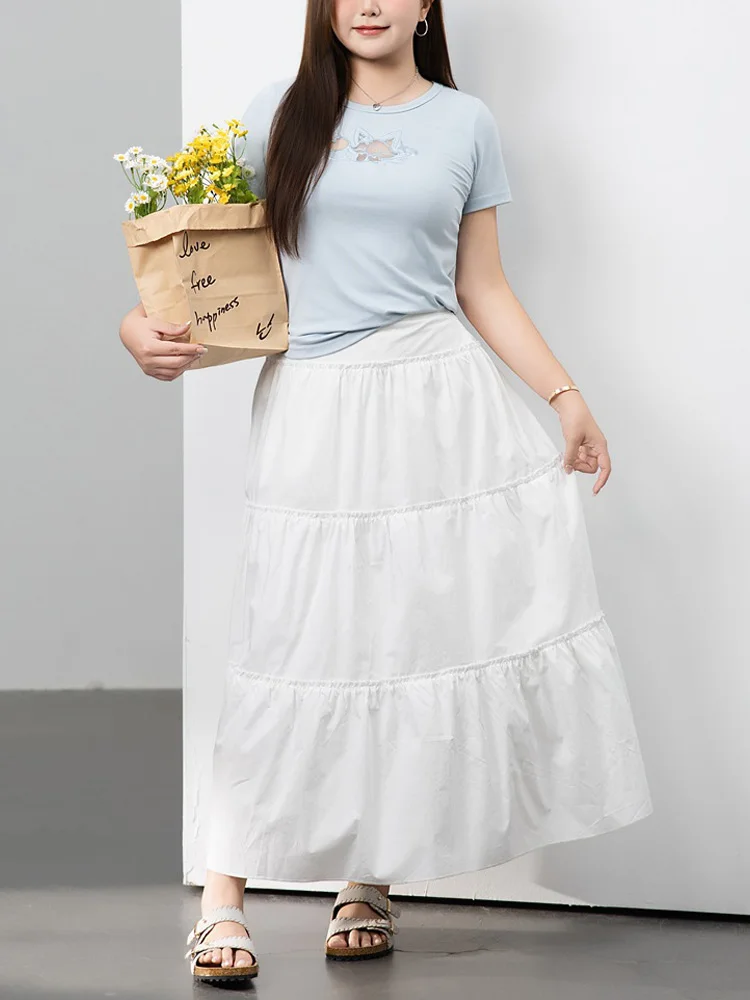 

Plus Size Women's Sets Preppy Style Casual Little Fox hollowed-out Embroidered short-sleeved T-shirt And White Cake Long Skirt