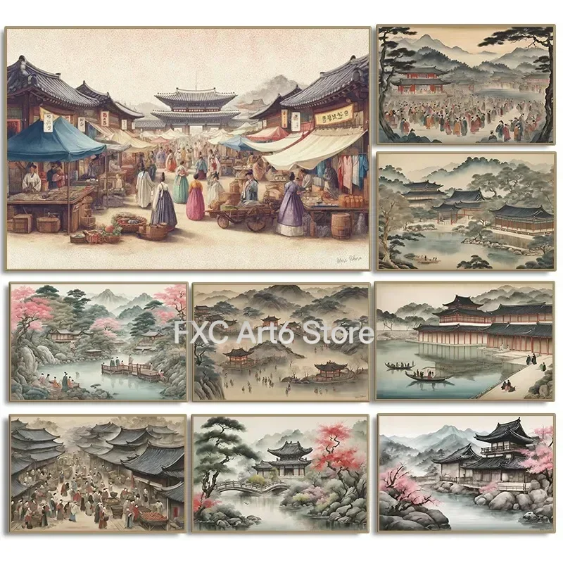 1PC frameless Vintage Ink Wash Korean Views Poster Joseon Lantern Festival Life Scenery Canvas Painting Wall Art for Living Room