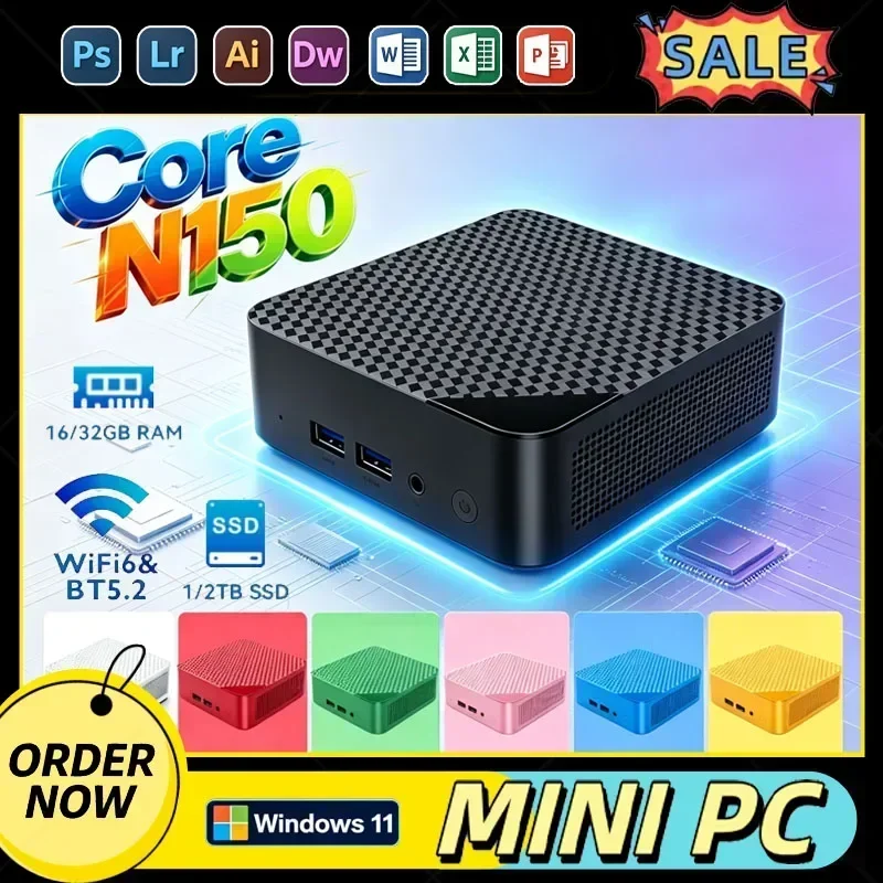 Intel N150 Mini PC Windows 11 WiFi 6 Bluetooth 5.2 Small  Office Home Portable Gaming Computer 16GB RAM 1TB SSD