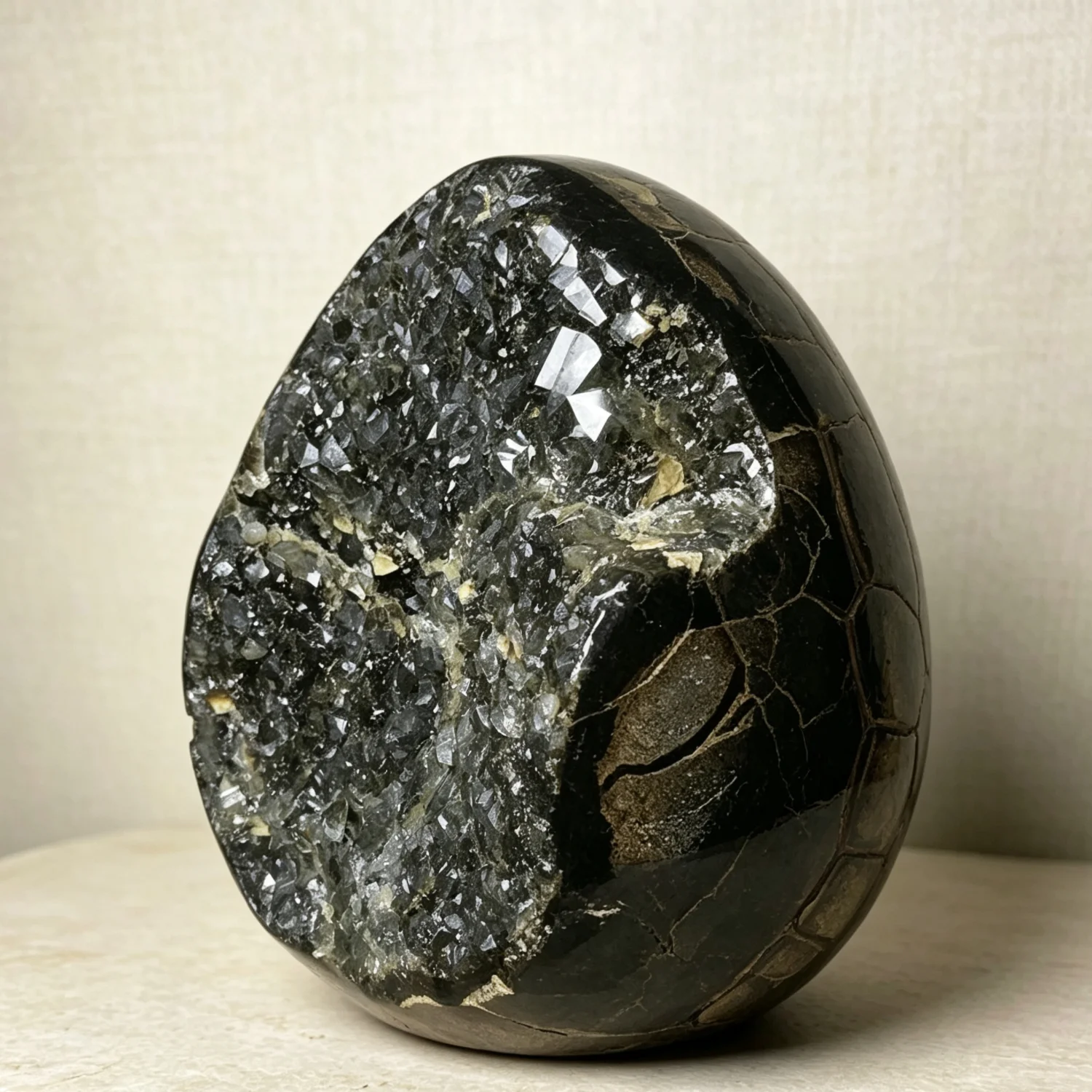Natural Black Septarian Dragon Egg Geode, Mixed Quartz Mineral Crystal Egg for Reiki Meditation Altar Spiritual Decor Gift