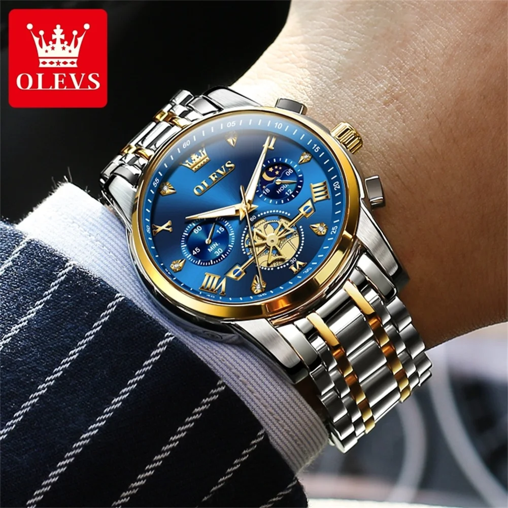 OLEVS 2856 دولاب الموازنة الهيكل العظمي ساعة رجالية فاخرة متعددة الوظائف مقاوم للماء توقيت ساعة 24 ساعة Moonphase ساعة كوارتز رجالية Reloj