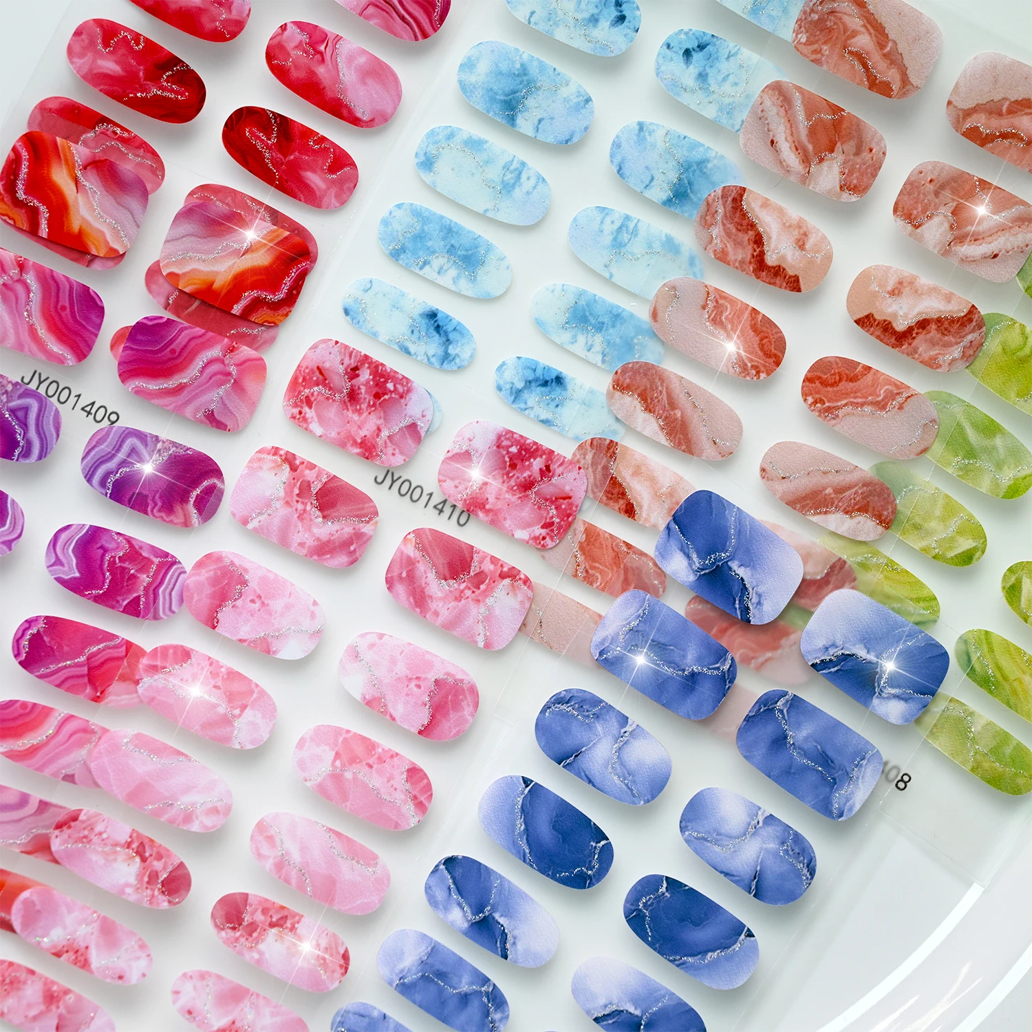 16tips Ink Wash Agate Marble Full Wrap Nail Stickers Glitter Silver Line Adhesive Nail Decals Waterproof DIY Nail Art Supplies