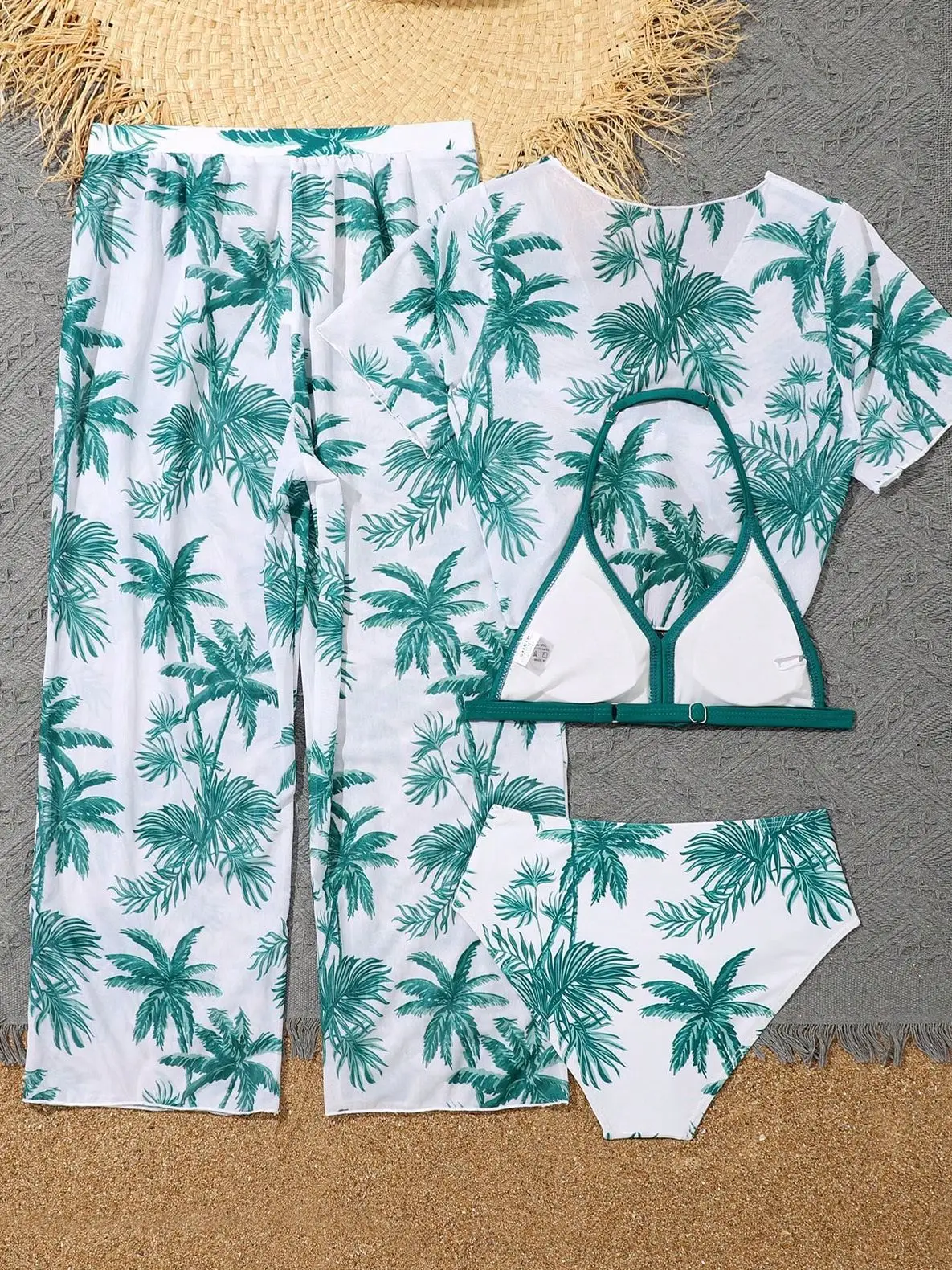 Girls 4pack Palm Tree Print Bikini Sets with Pants+Short Sleeve Crop Top Kids Swimsuit 7-12 Years Children Swimwear Bathing Suit