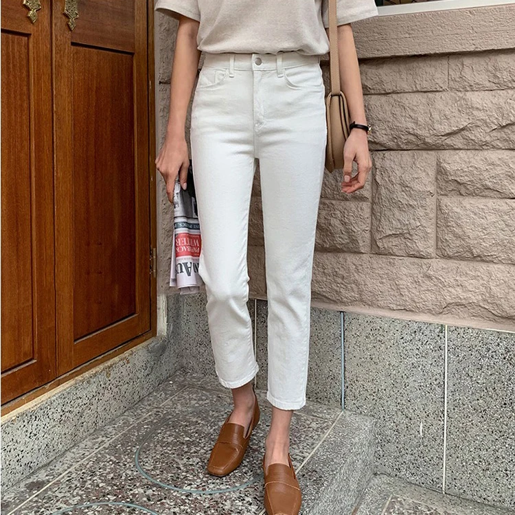 Slim Fit taille haute neuf Points jambe droite jean femmes été nouveau Sle Beige clair coton Stretch Denim taille haute Zippe...
