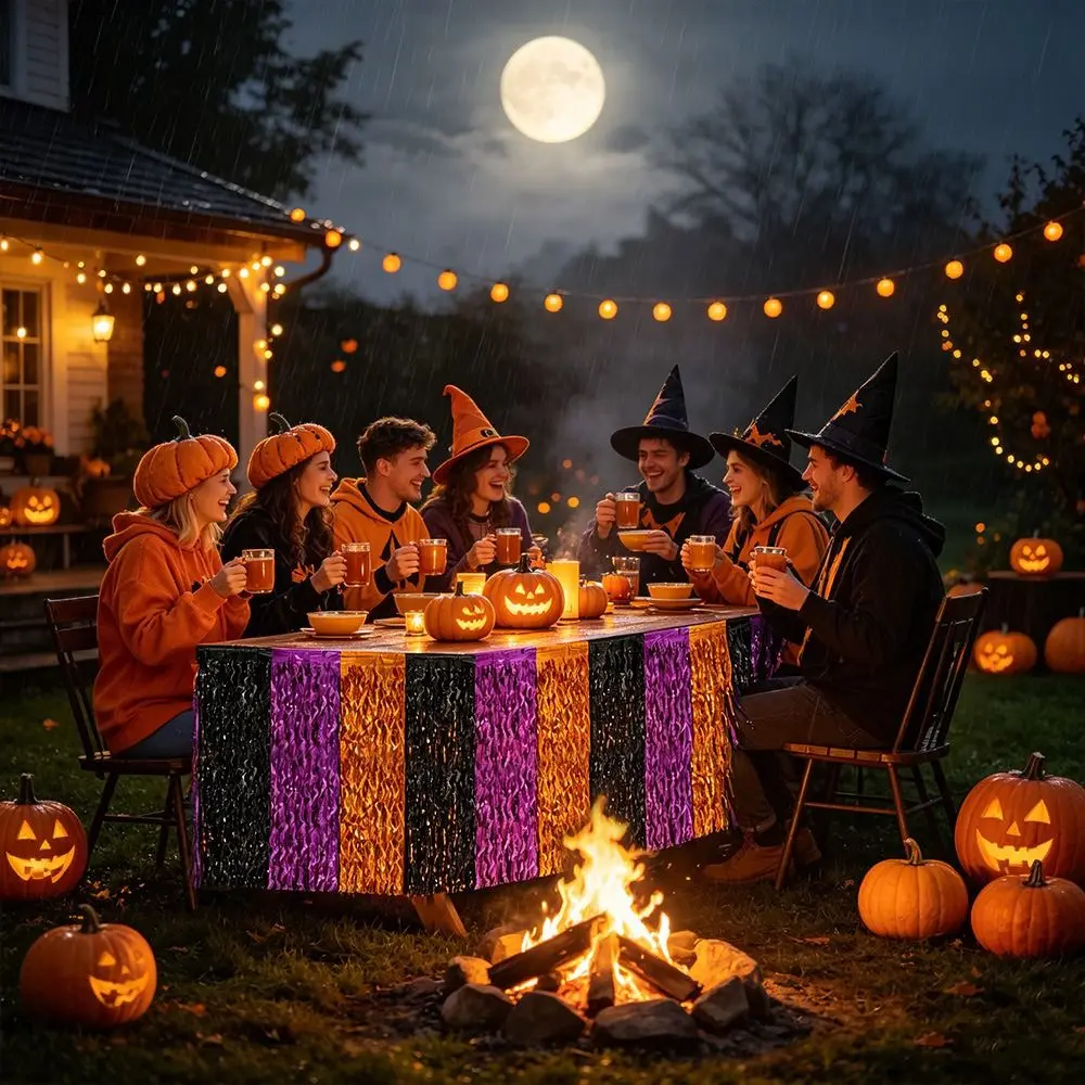 Black Purple Orange Halloween Table Skirt Waving Gradient PET Decorative Table Skirt Metallic Tinsel Foil Fringe Table Skirt