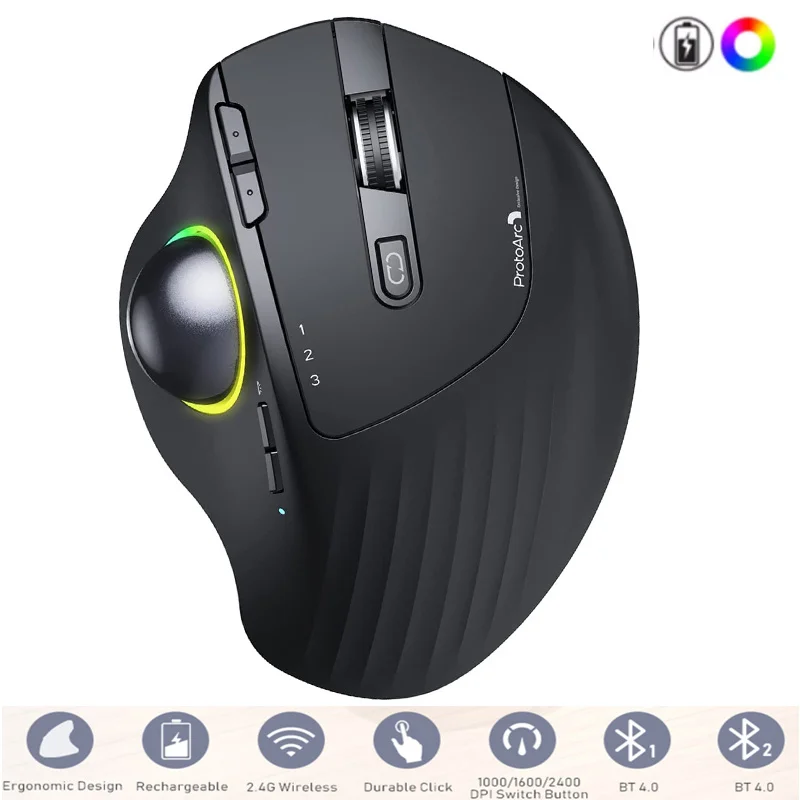 Top! Comb RGB Wireless Trackball Mouse Bluetooth +2.4G Rechargeable Gaming Mouse Ergonomic Mice Thumb Control Mouse