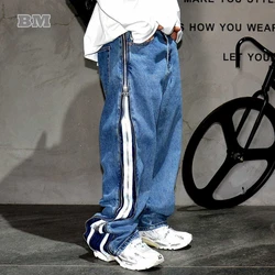 High Quality Korean Fashion Side Zipper Baggy Jeans For Men Streetwear Skateboard Stacked Jeans Denim Cargo Pants Loose Trousers