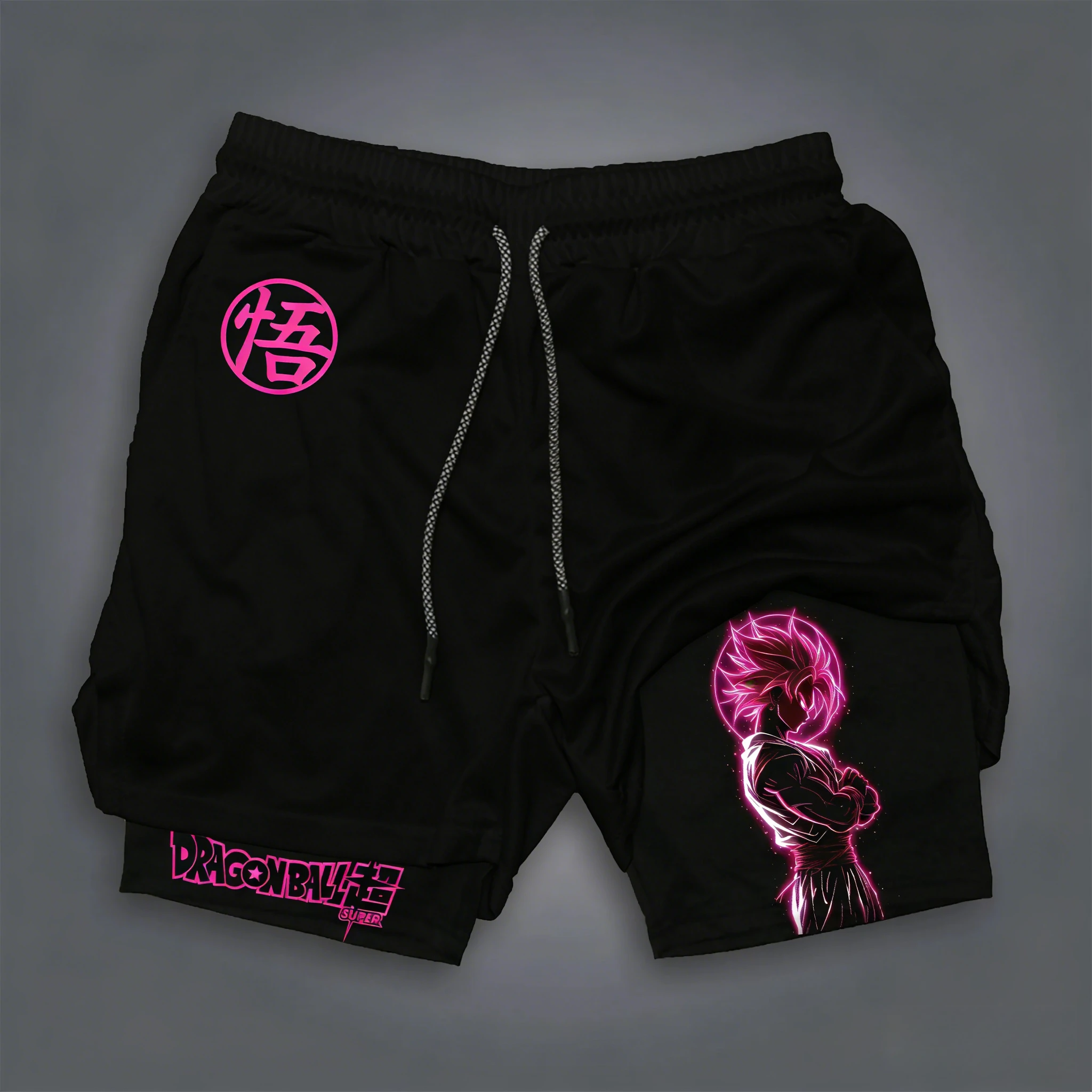 Bandai Dragon Ball Goku bedrukte dubbellaagse shorts, losse zomers zweetafvoerende en ademende sportshorts voor heren en dames