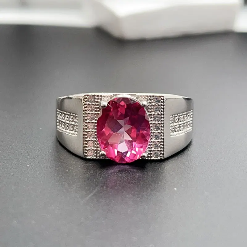 Real 925 Silver Pink Topaz Ring 8mm 2ct Natural Topaz Men Jewelry Sterling Silver Gemstone Ring with Gold Plated