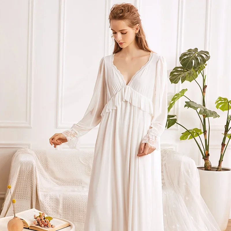 Victorian Vintage Nightgowns Autumn Romantic Nightgowns Princess Sleepwear Lace Peignoir Women Soft Mesh Fairy Long Night Dress