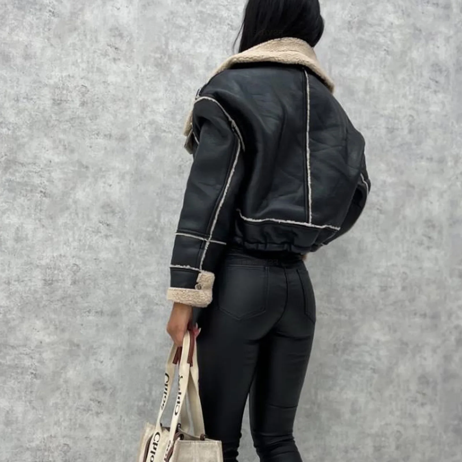 

Women's Top Streetwear Sexy Trendy Middle East Popular Autumn Winter Short Lamb Fur Jacket Motorcycle Style Zipper PU Leather