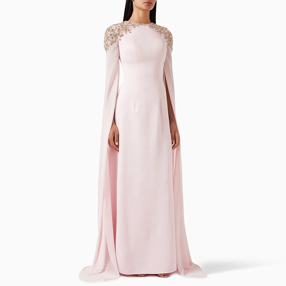 Pale Pink Evening Dress with Beading Crystal Customized Round Neck Long Sleeves Arabian Wedding Party Gown Prom Dresses image 5