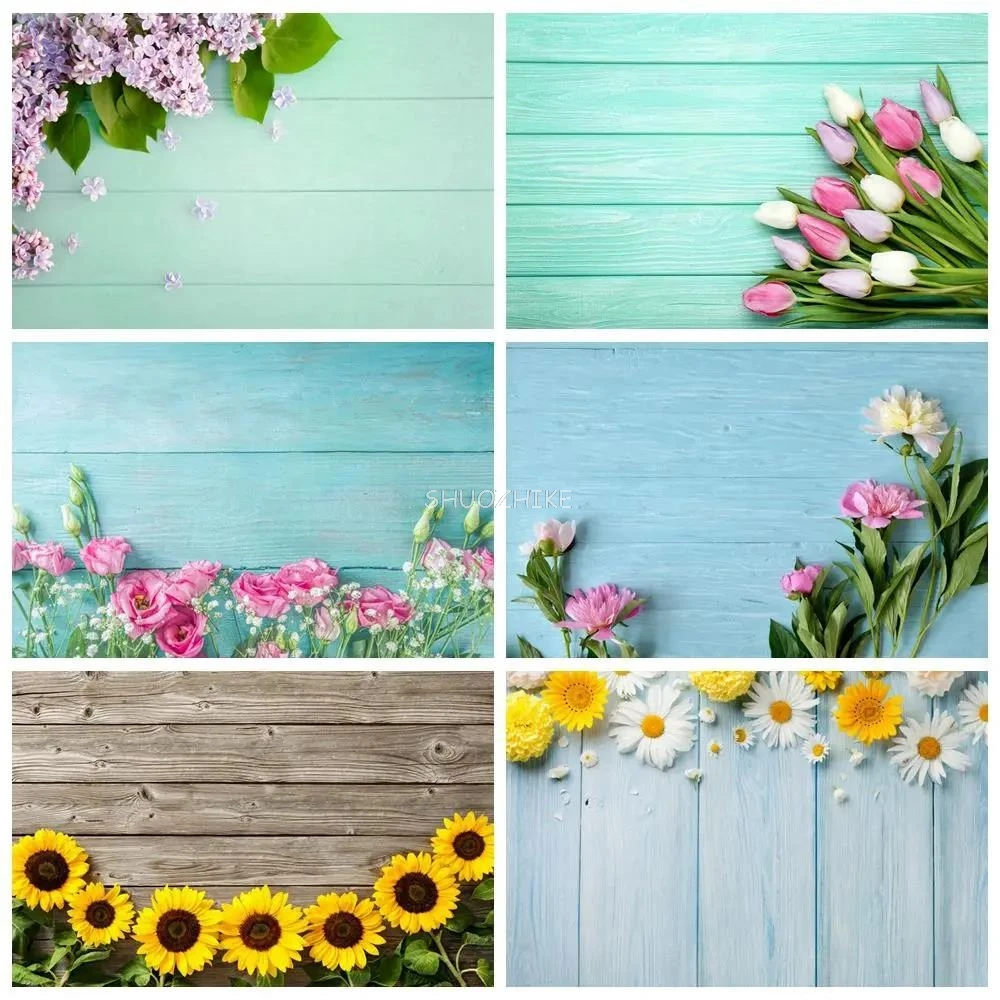 

Flower Wooden Food Subject Backdrop for Photo Shoot Blue Wood Board Product Photo Background Spring Floral Shooting Prop