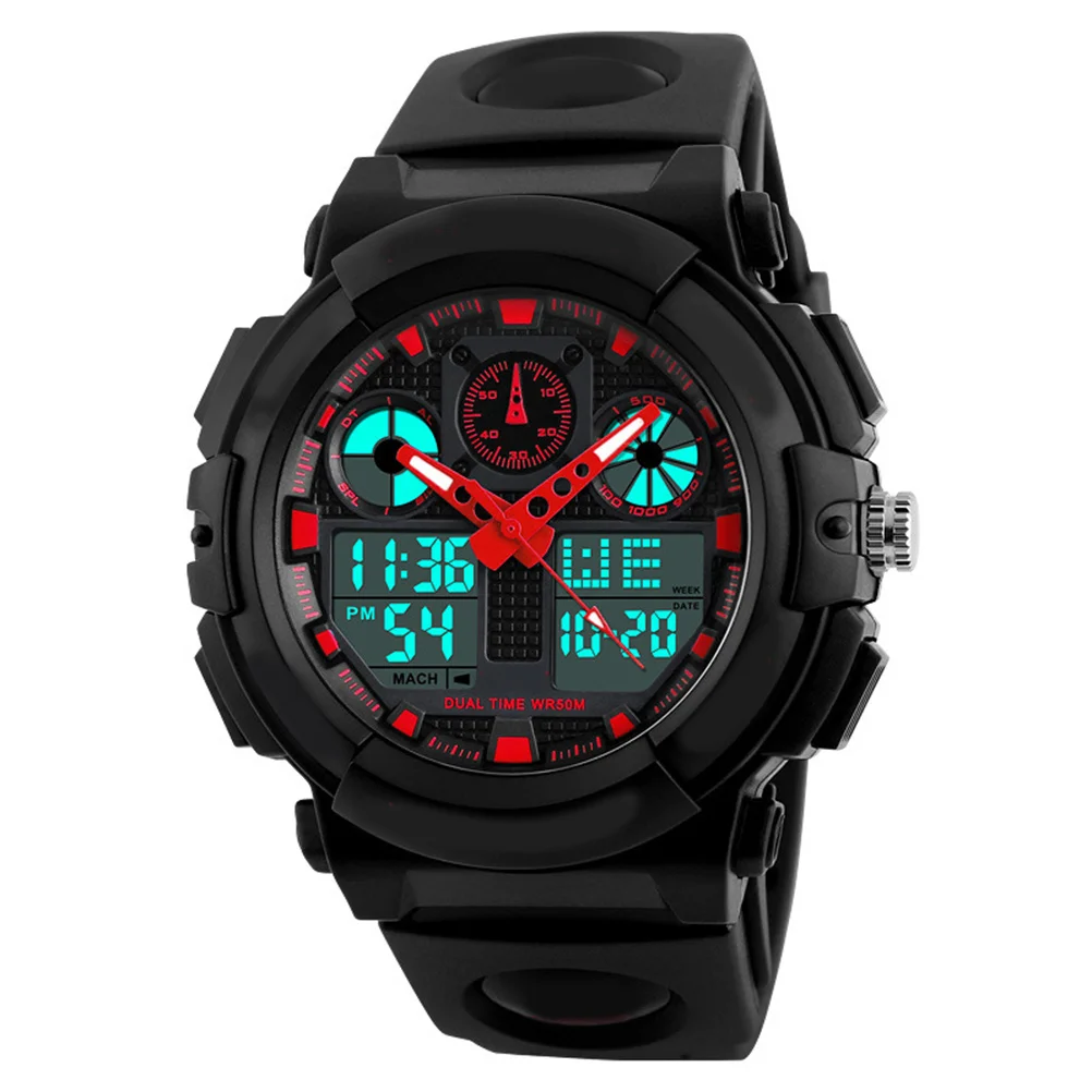 

Waterproof Digital Watch For Men Red Led Dual Display Chronograph 50M Water Resistant Alarm Date Week El Backlight Pu Strap
