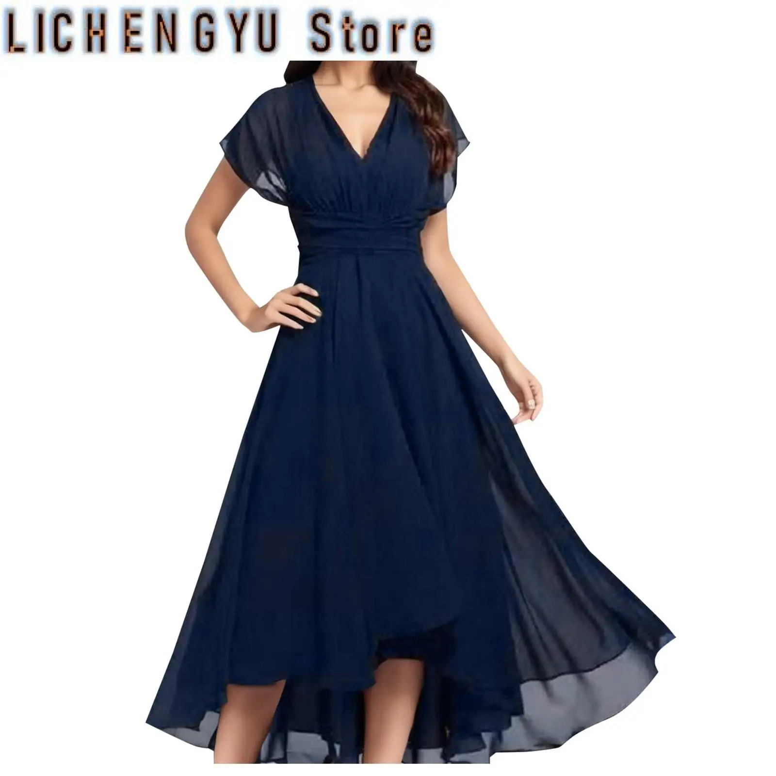 レディースドレスウェディングパーティーブライドメイドエレガントな V ネックシフォンドレススリムハイウエストフラッター薄手のメッシュスリーブロングドレス