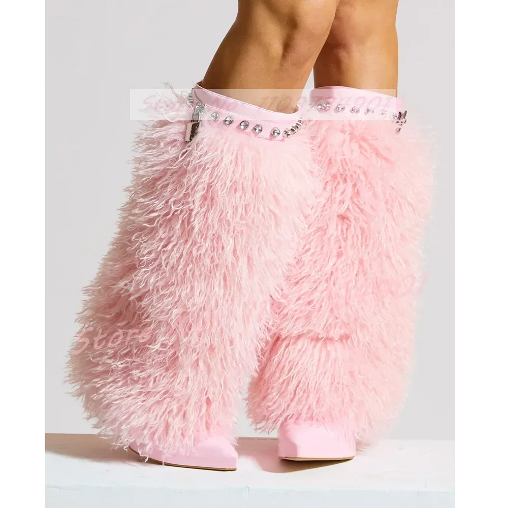 Metal Lock Crystals Furry Boots Women Sweet Pointy Toe Slip-On Chunky High Heels Mid Calf Boots Female Fashion Evening Shoes