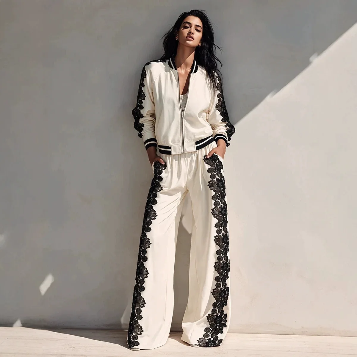 2026 New Sports Suit Lace Patchwork Zipper Jacket Wide-leg Pants. Two-piece Set Fashion Trend Evening Dresses Prom Party Clothes