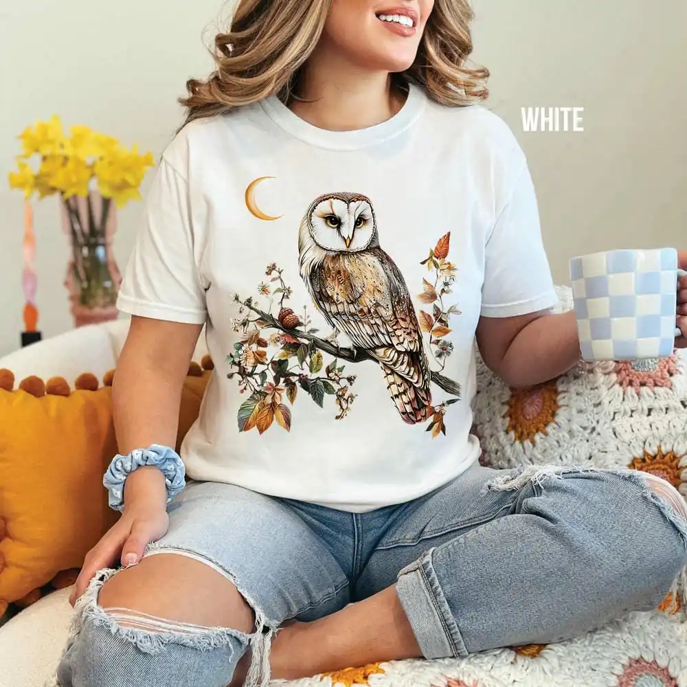 Vintage cottagecore coruja camiseta para mulher floral whimsigoth floresta escura academia camisa crewneck casual unisex y2k topo streetwear