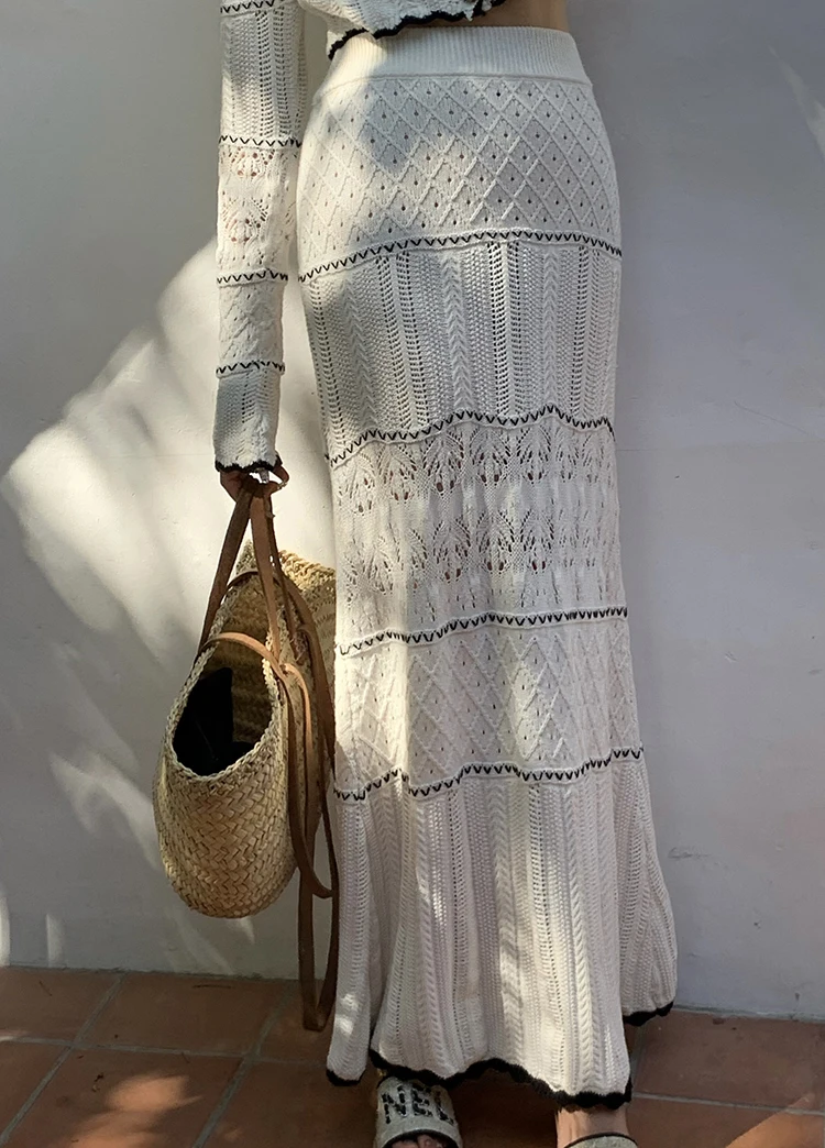 Costumes tricotés pour femmes, mode d'été, Design de boutons, manches courtes, col rond, haut court + jupe moulante, crochet fleur creuse, ensemble de 2 pièces