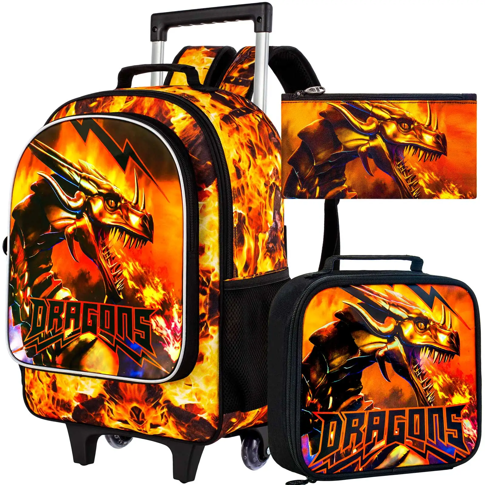 3Pcs Dragon Rolling Backpack for Boys, Kids School Backpacks with Wheels, Roller Bookbag with Lunch Box for Elementary