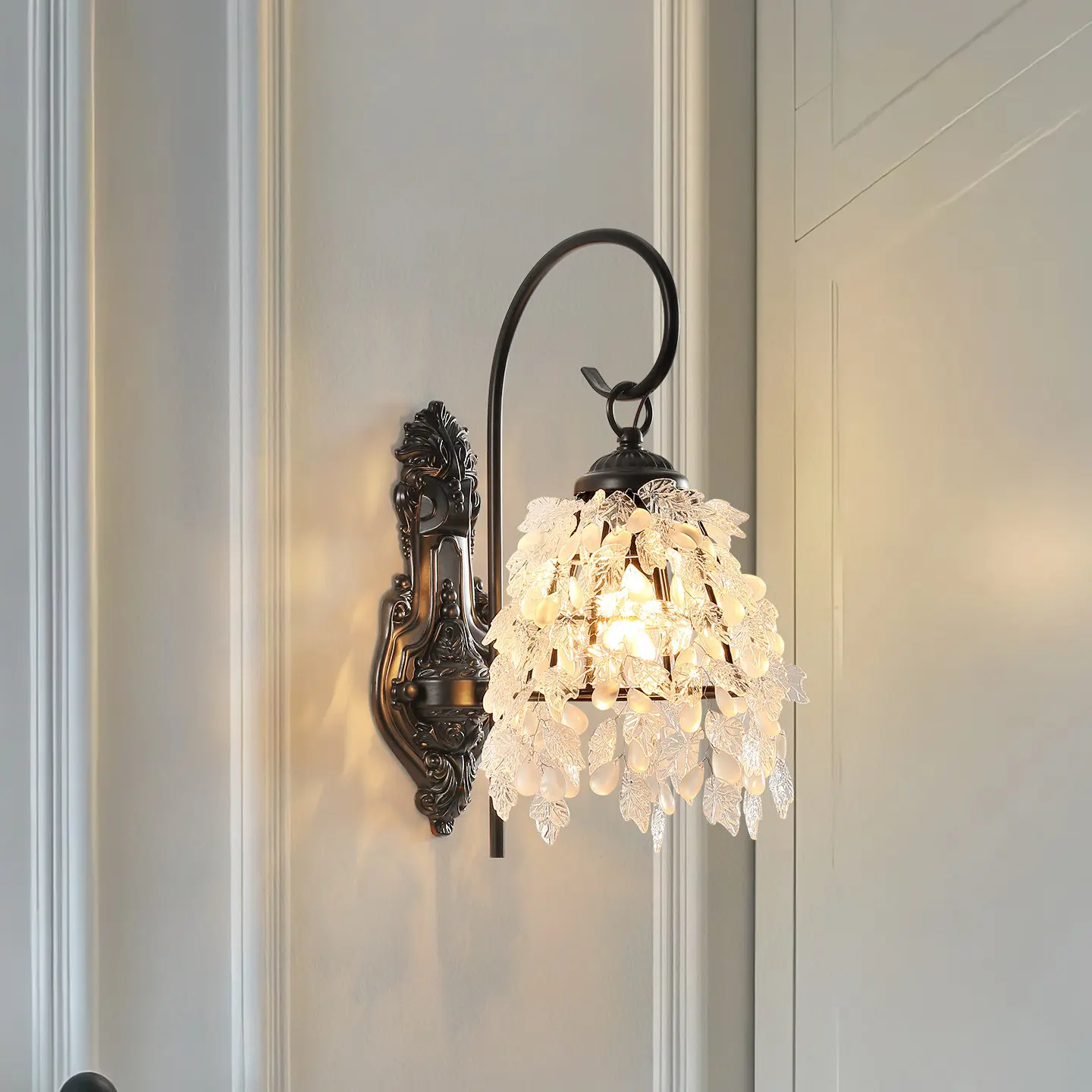 Vintage Glass Leaf Wall Sconce Matte Black Curved Arm Wall Light Bedside Corridor Indoor Decor Crystal Wall Lamp Fixture