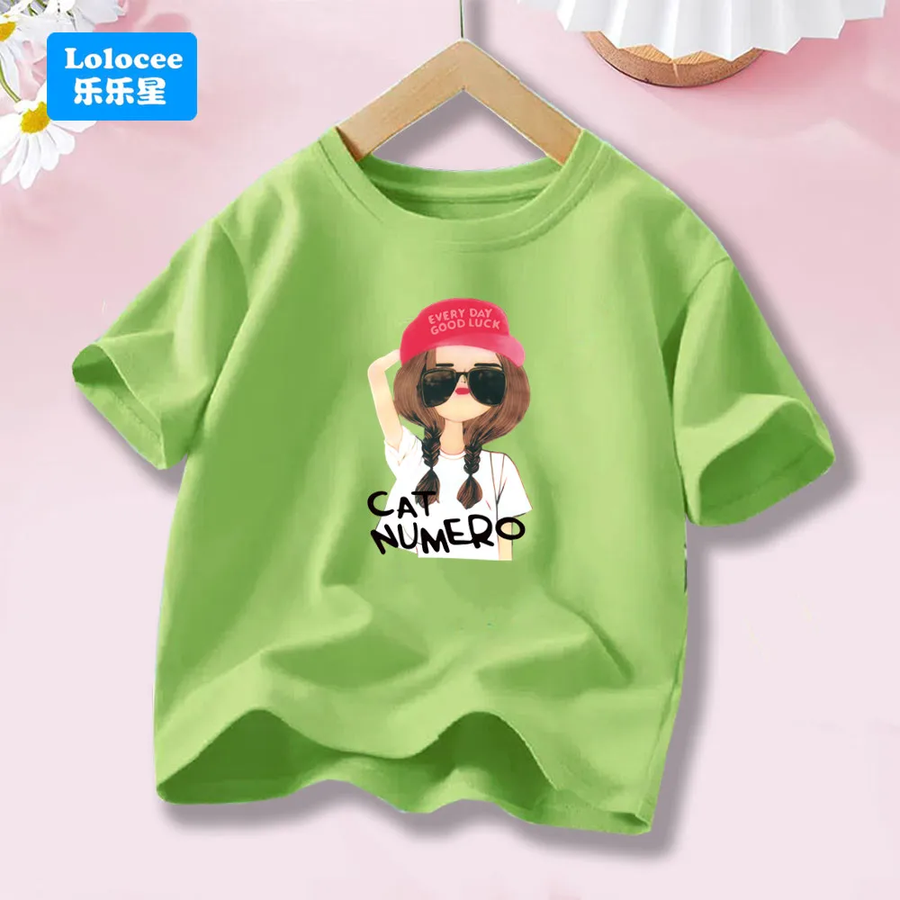 Good Luck Cool Girl Holiday Party Tee Shirts Children Fashion Short Sleeve Tops Cartoon Printed Summer Toddler Clothes NHMJ1