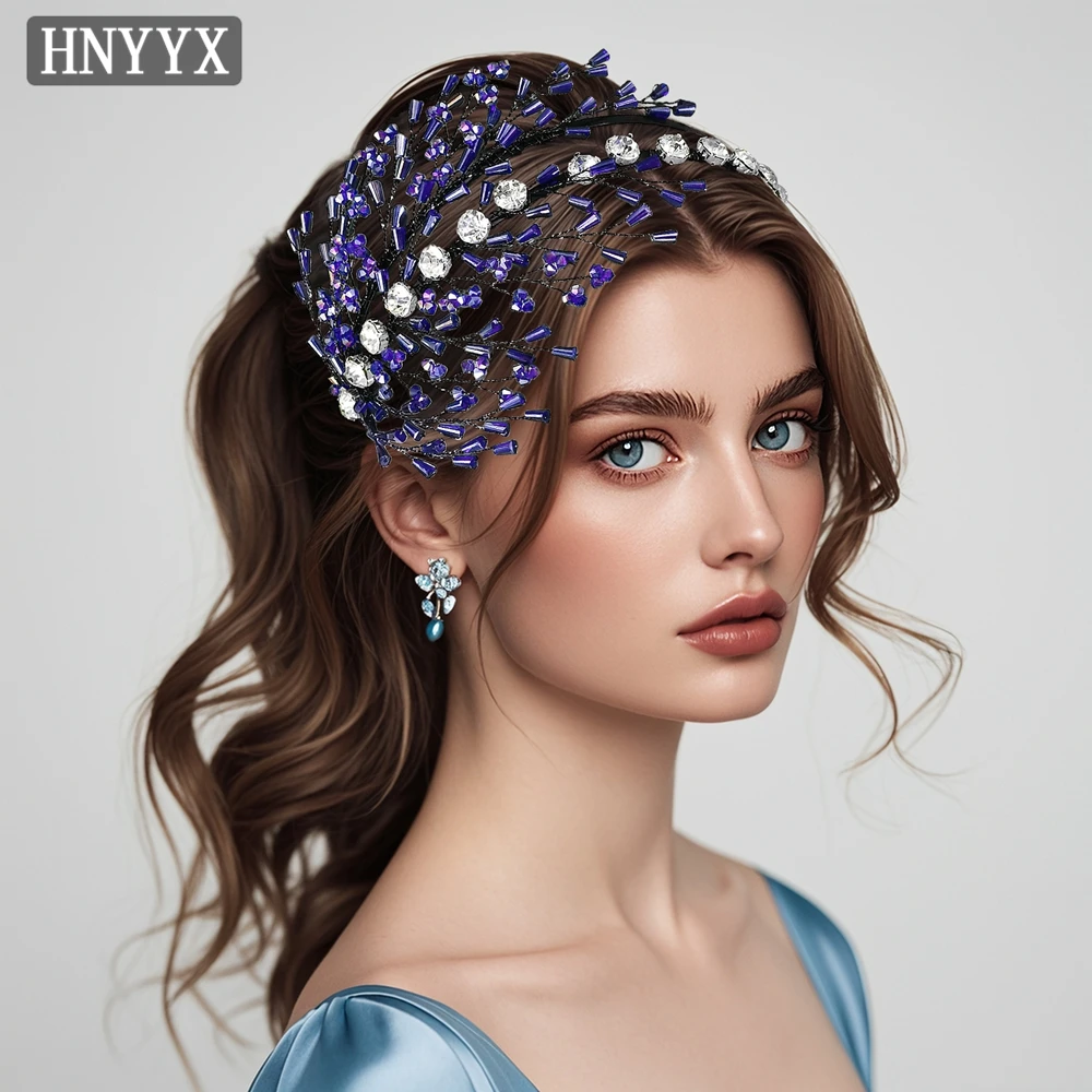 

HNYYX Elegant Blue Color Crystal Women Head Hoop Hair Accessories Handmade Double-layer Hair Hoop Party Prom Headpieces A282