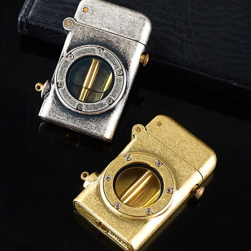Vintage Metal Kerosen Lighters Flame Oil Cigarette Lighter Torch Ejection Cigar Visible Transparent Oil Tank Lighter Men Gadget