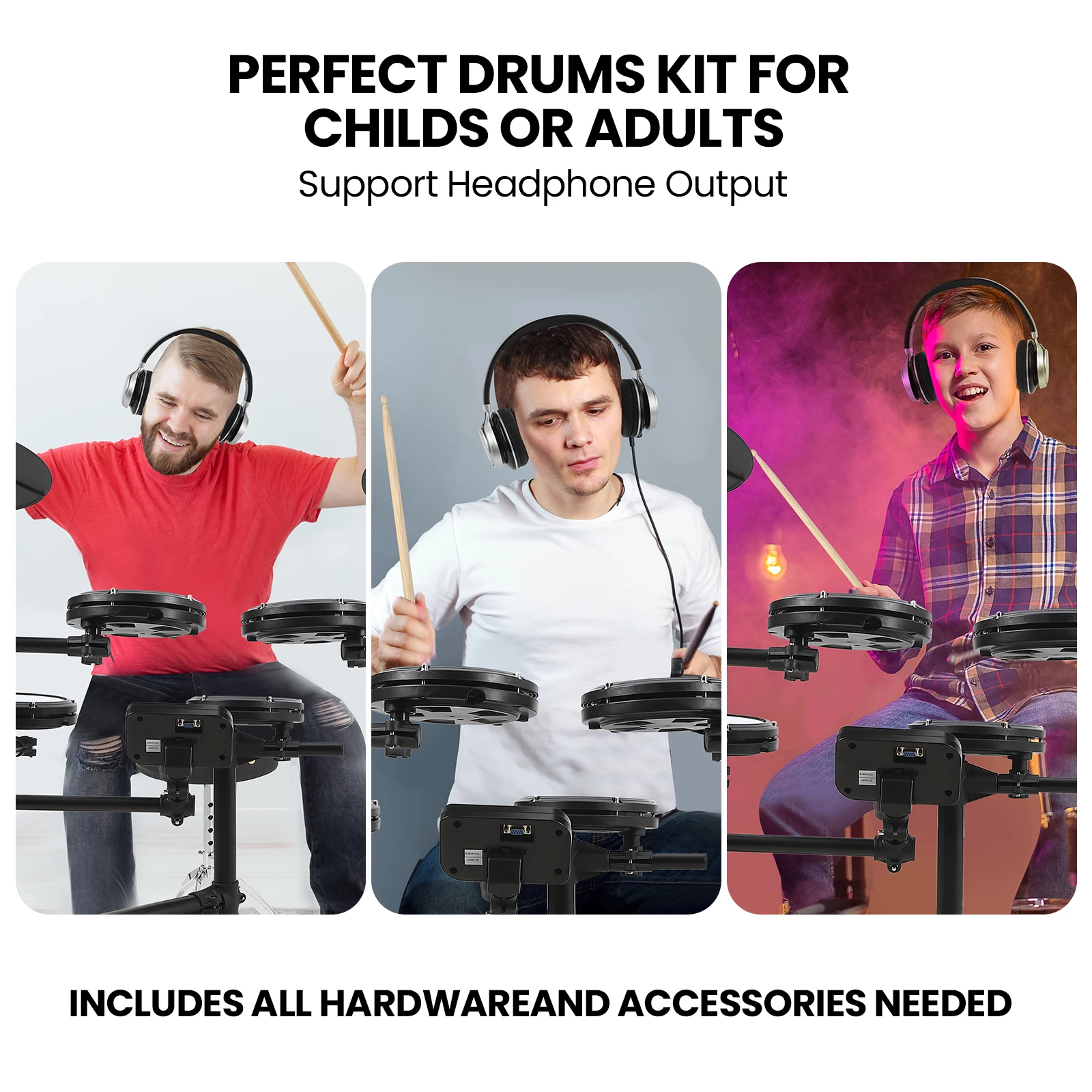 Electric Drum Set, 7 Piece Electric Drum Kit with 4 Quiet Mesh Pads and 3 Cymbals, Professional Drum Set for Beginners with 150 Sounds, Drum Throne, Drumsticks and On-Ear Headphones Included