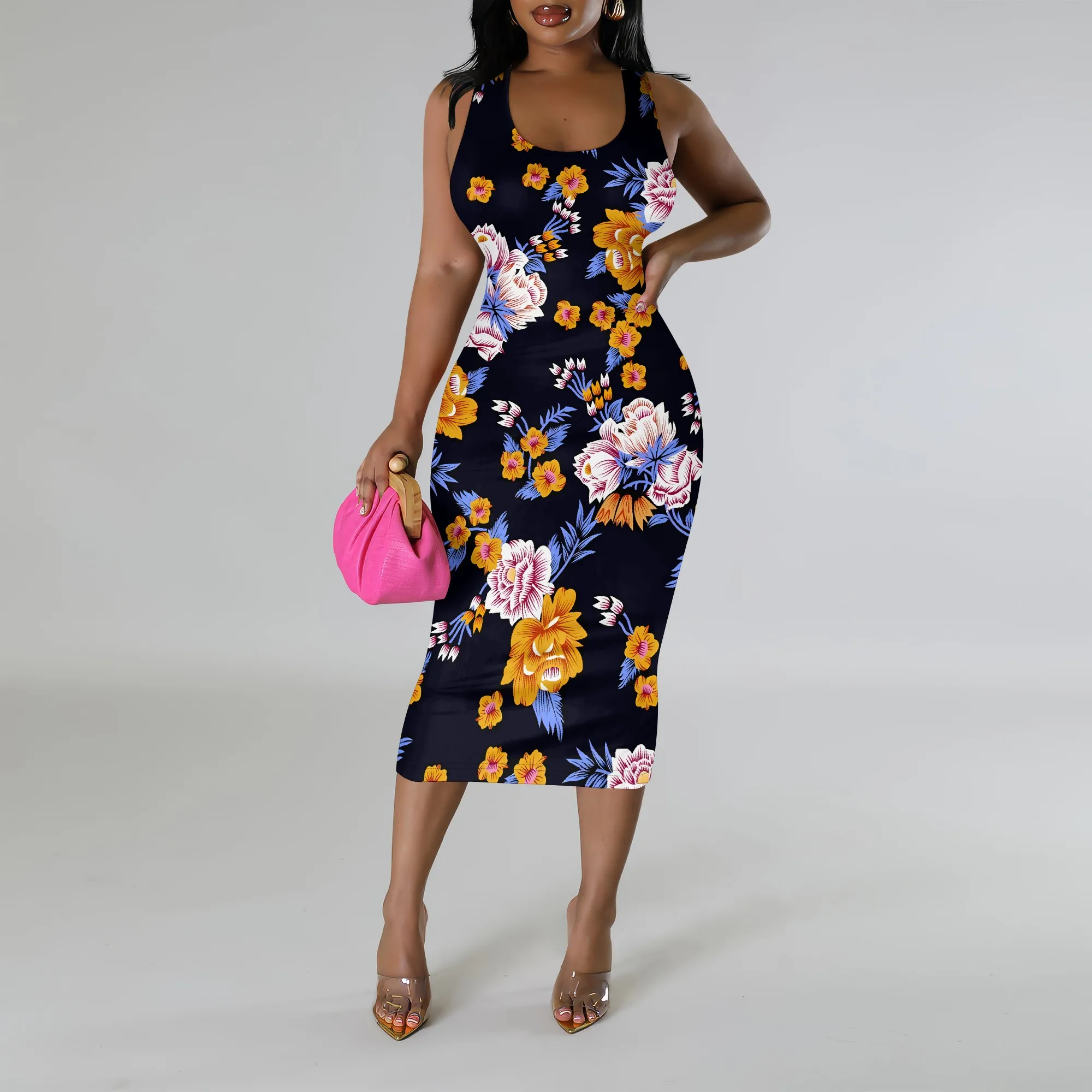 

Colorful Floral Print Plus Size Sleeveless Bodycon Dress Summer Elegant Midi Wear