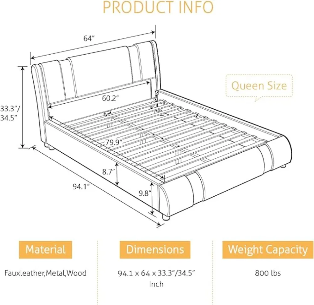 SHA CERLIN Queen Platform Bed Frame con decorazioni in pezzi di ferro e testiera regolabile/letto moderno imbottito Deluxe con solido