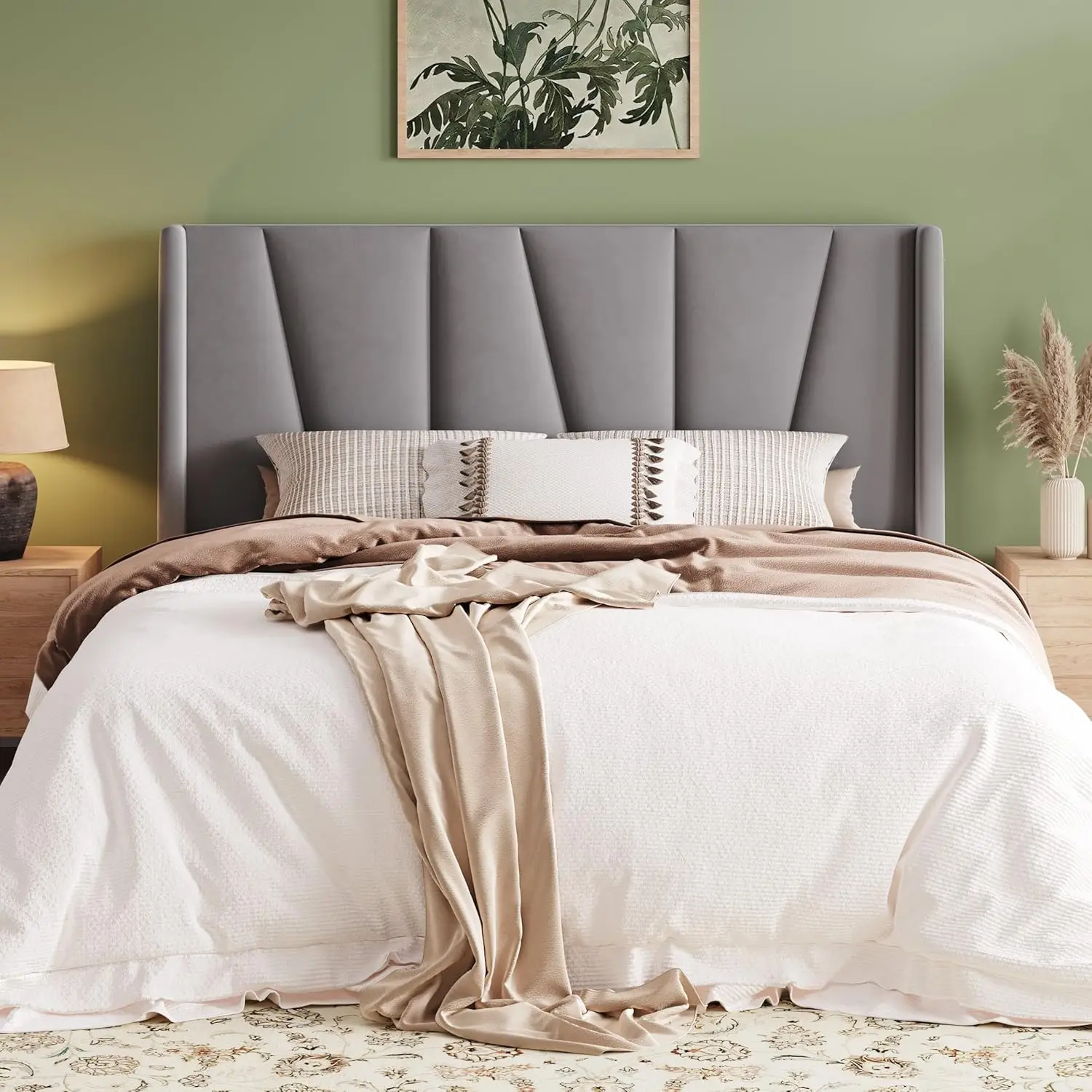 

Full Size Platform Velvet Bed Frame With Geometric Wingback Headboard, Boho Upholstered Bed With Wooden Slats, Customized
