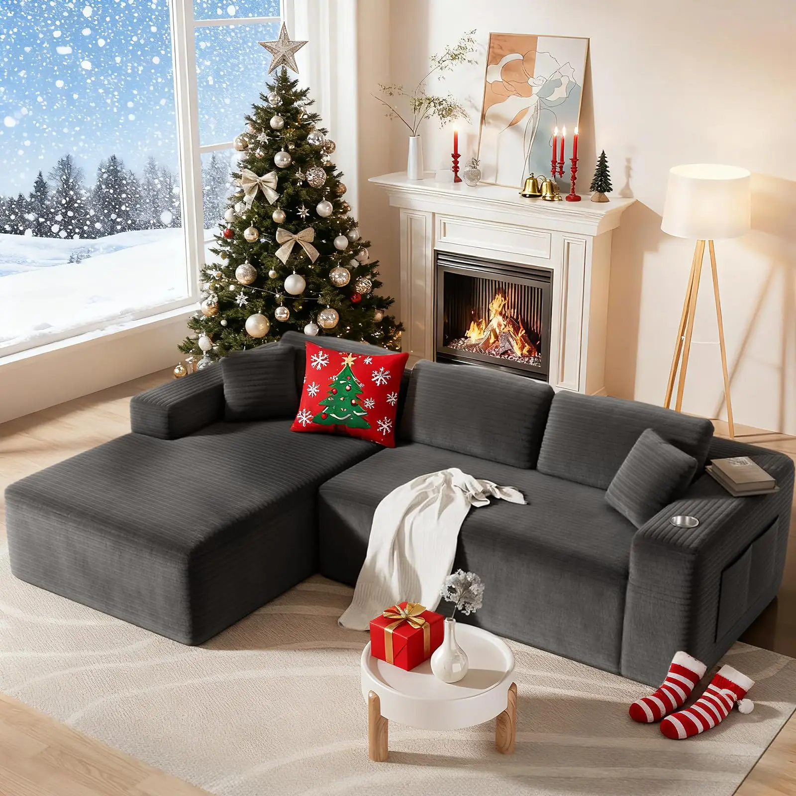 Cloud combination sofa, a box of compression modular sofa, deep seat corduroy boneless L-shaped sofa, suitable for living room