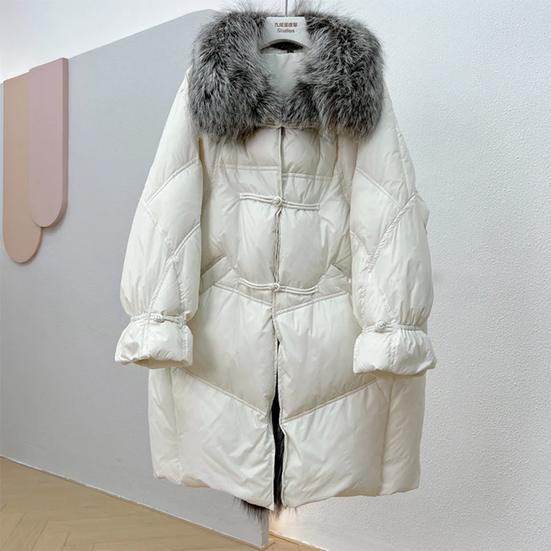 Imagem -05 - Menina Bonita 2023 Moda Inverno Real Fox Fur Collar Grosso Quente Mulheres Cabolsa Goose Down Jacket Outwear de Luxo Solto Streetwear