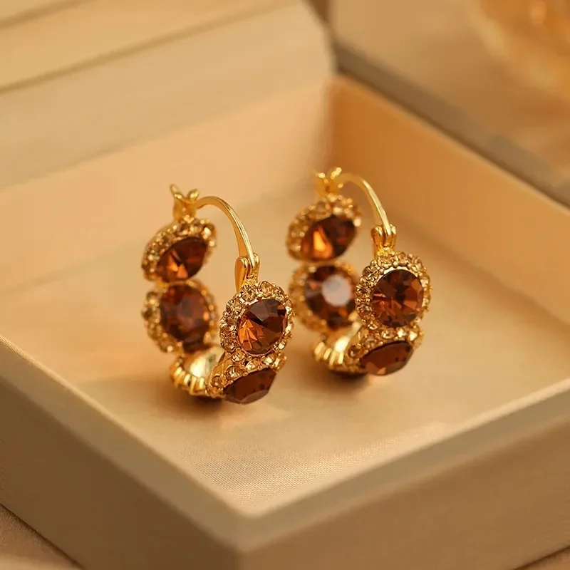 

Luxury Brown Crystal Hoop Earrings for Women Exquisite Inlaid Zircon Circle Earrings for Women Crystal Personalized Jewelry