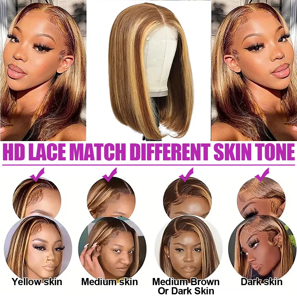 4/27 تسليط الضوء على بوب الباروكات مستقيم الدانتيل شعر مستعار أمامي شعر الإنسان أومبير أمامي بوب شعر مستعار شعر الإنسان Gluelss على استعداد للذهاب أومبير شعر مستعار بني