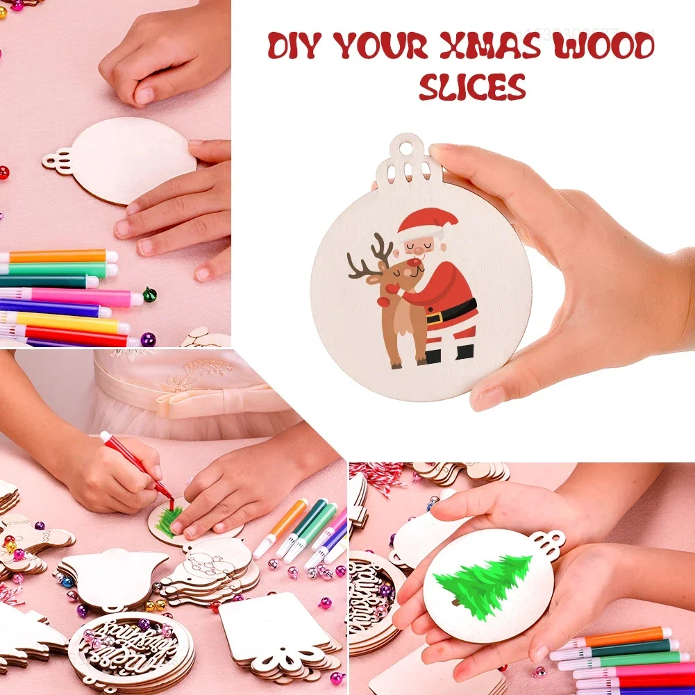 60Pcs Christmas Natural Wooden Chip Santa Claus Snowflake DIY Crafts Set Xmas Tree Hanging Ornament Pendant for Home Decorations