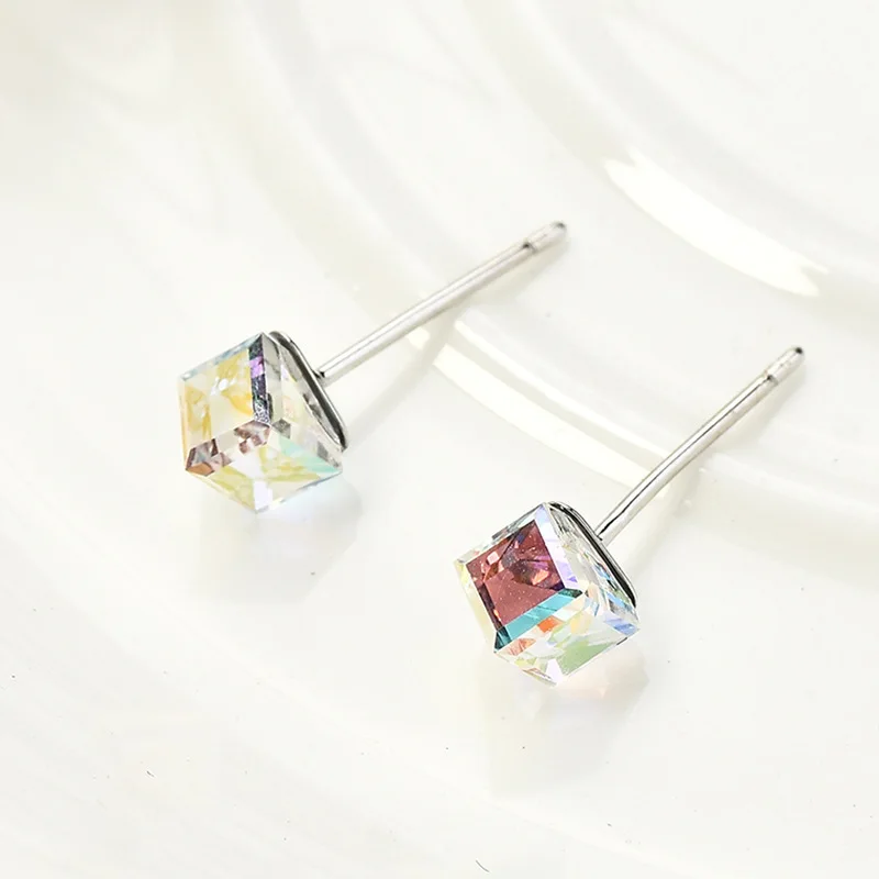 925 Sterling Silver Cube Crystal Zircon Stud Earrings for Women Wedding Party Fine Jewelry