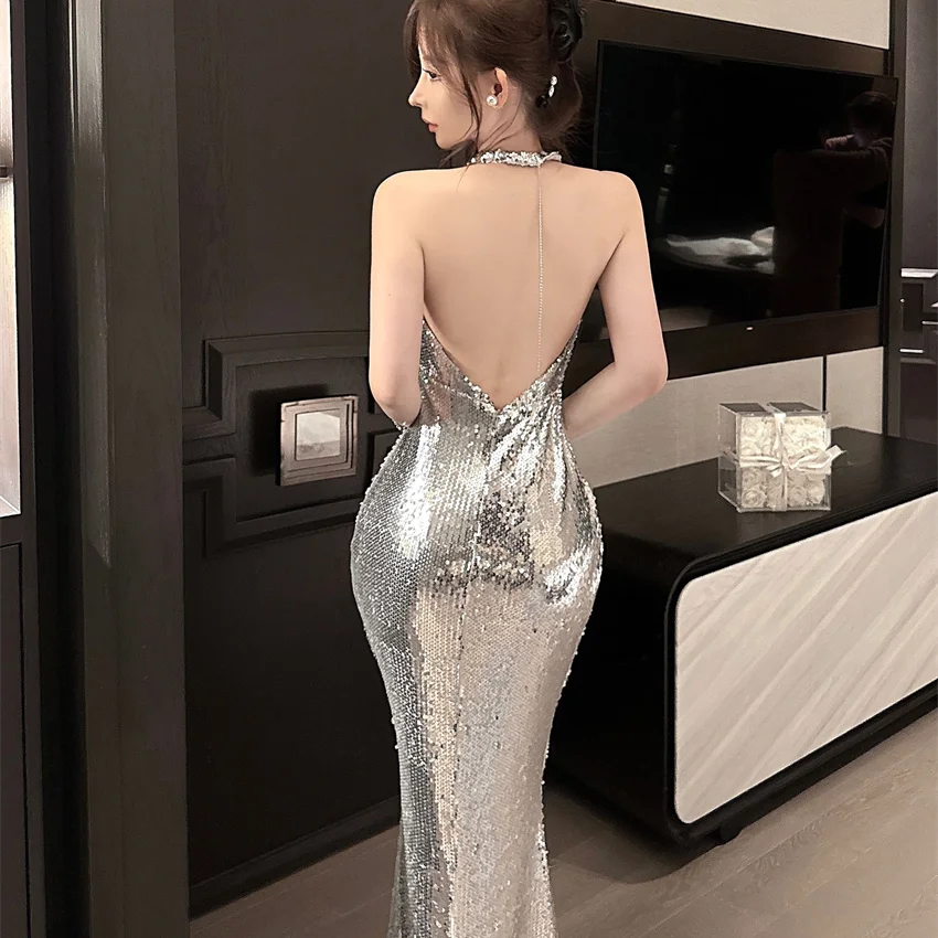 Korejepo Noble Light Luxury Dresses Sexy Silver Sequin Premium Evening Dress Sexy Celebrity Temperament Backless Neck Vestido