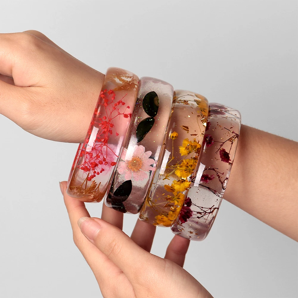 Vintage Transparenter Blumen-Blatt-Acryl-Armreif für Frauen Boho Bunter Getrockneter Blumen-Harz-Armreif Schmuck Geschenk – Detail 9
