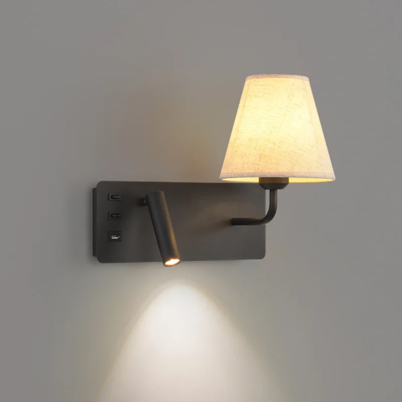 Modern Bedside Wall Lamp E27 LED Fabric Shade Sconce USB Port Independent Switches Rotatable Reading Spotlight Bedroom Hotel