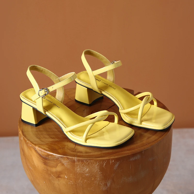 Aphixta Classic 5cm Square Heel Woman Sandals Narrow Bands Silver Buckle Design Elegant Woman Shoes Heels Sandals