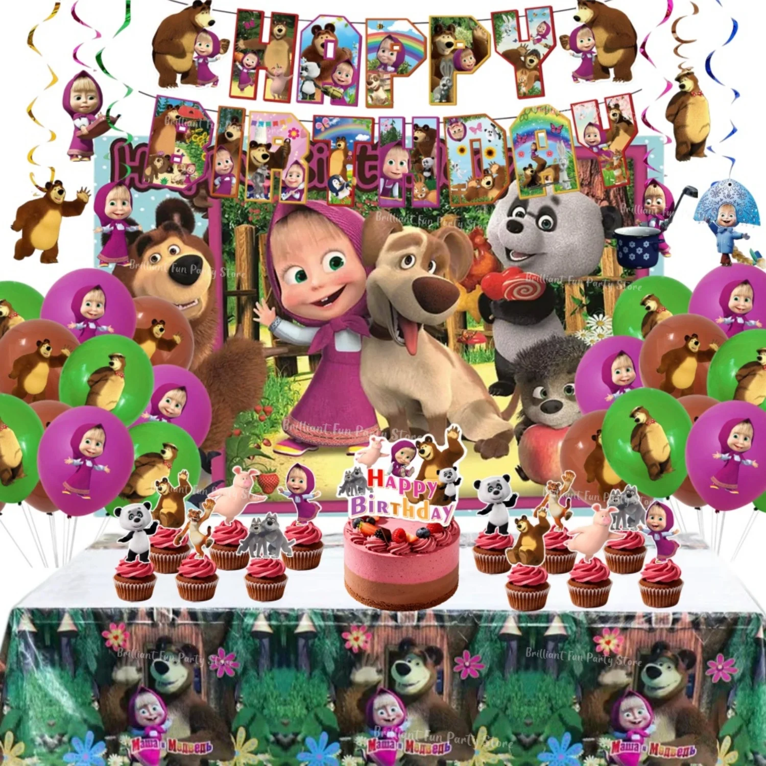 Mascha und der Bär Geburtstagsparty-Dekorationsset für Mädchen Kinder Tischdecke Banner Tortendekoration Ballon Hintergrund Partyzubehör