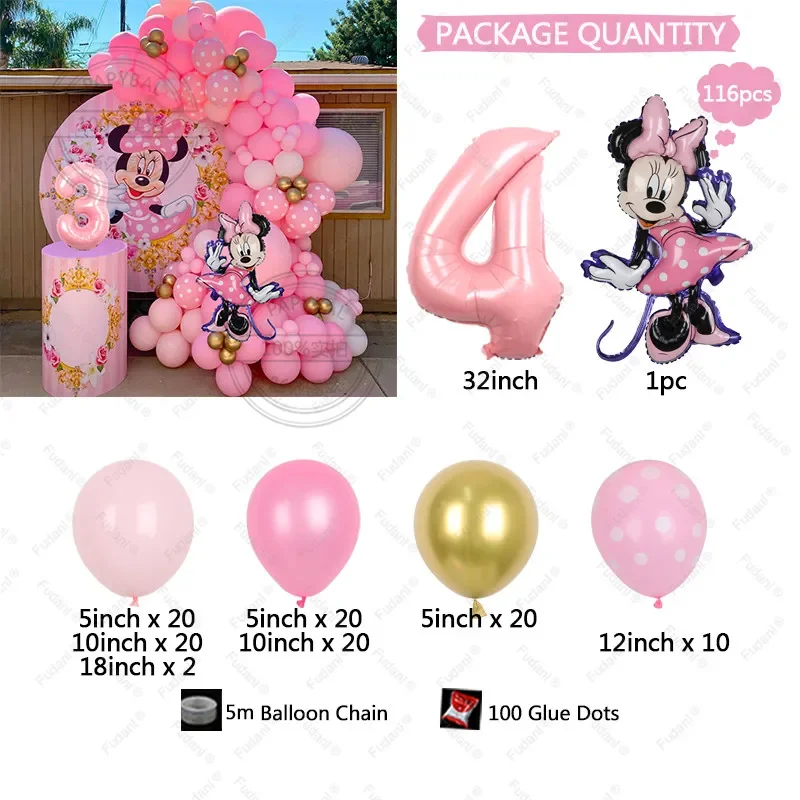 Kit ghirlanda di palloncini Disney Minnie Mouse Palloncini rosa Decorazioni per feste di compleanno per ragazze Baby Shower Dcors Globos Forniture